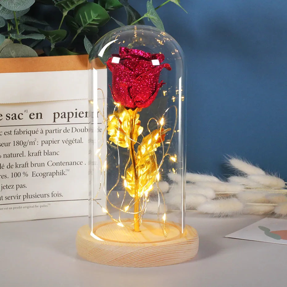 LED-lit eternal rose flower in glass cover with bendable copper wire, colours red gold grey blue pink rose red