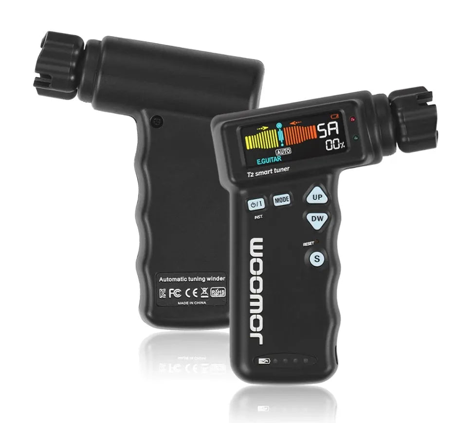 Black and white multi-function smart guitar tuner and electric string winder with LCD display.
