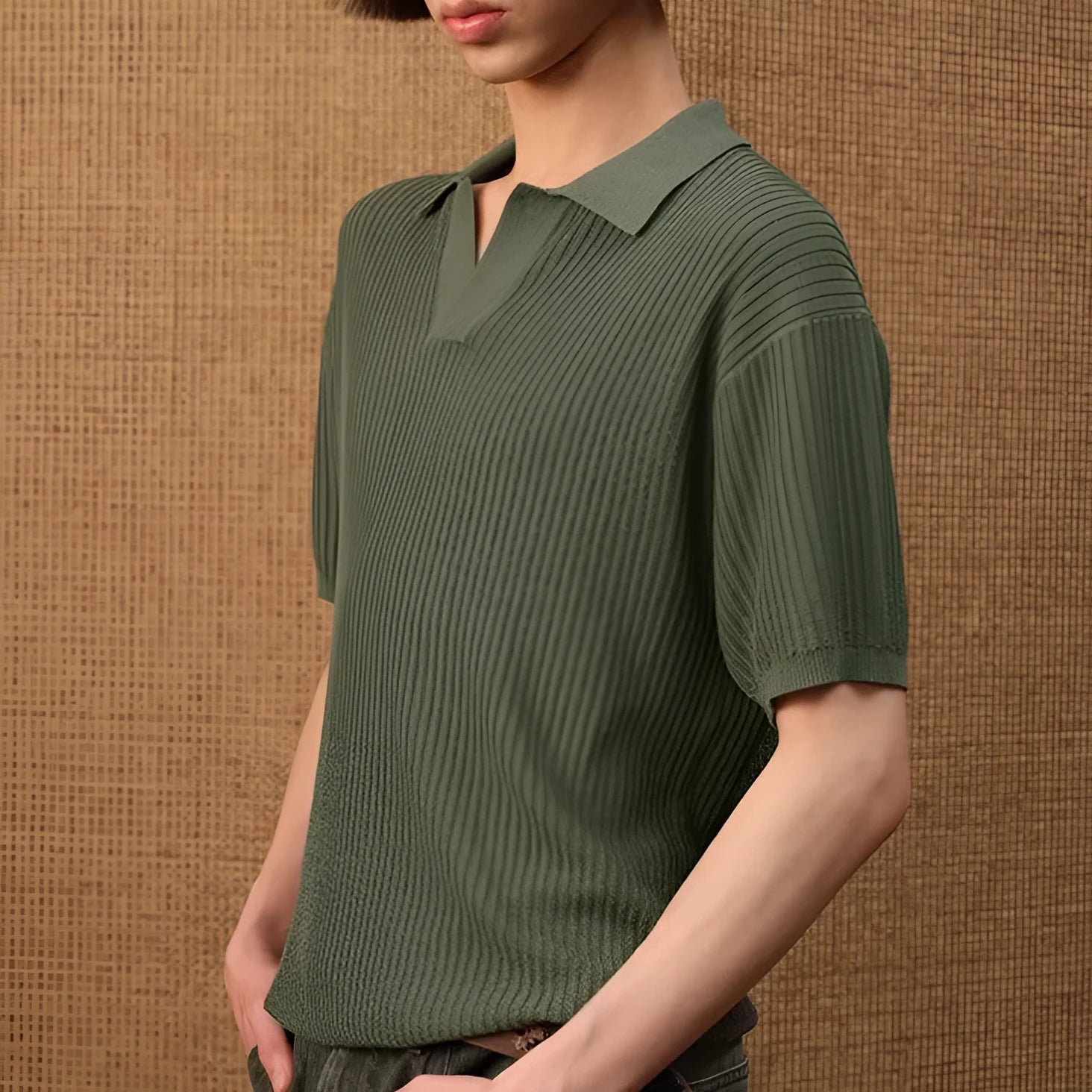 Man wearing a creamy-white loose-fit polo shirt with a striped collar, short sleeves, made of breathable ice silk fabric.
