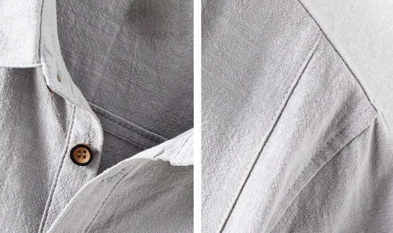 Men's loose fit linen shirt in solid colour with natural fabric texture, showing relaxed sleeve and collar design