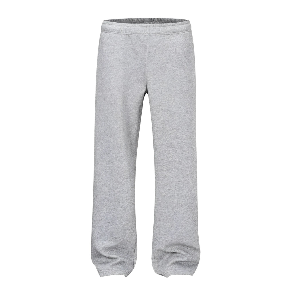 Men's grey straight-leg cotton trousers with elasticated waistband and loose casual fit