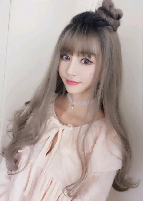 Long wavy curly wig with air bangs and pear flower detail, high temperature fibre, 62cm, for women