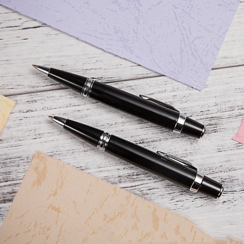 Short metal rotating ballpoint pen with black ink, measuring 112mm length
