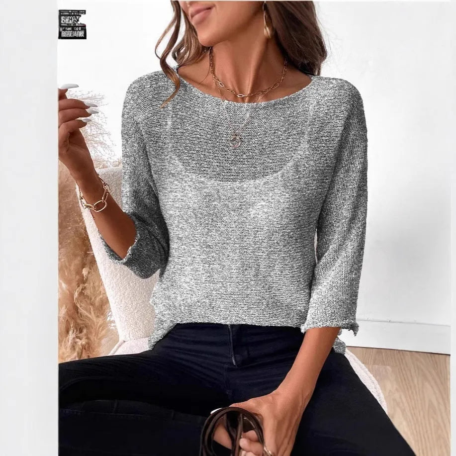 Women's knitted off-shoulder top with 3D pattern and 3/4 sleeves in matcha green colour