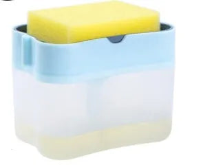 Plastic kitchen soap dispenser in grey, silver, black, or pink colours measuring 14.5 x 9.5 x 13.5 cm