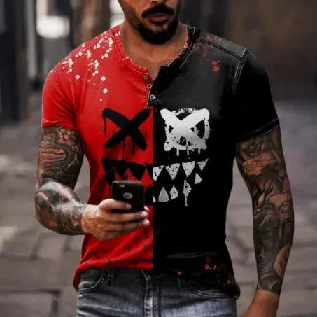 Men's blue short sleeve sports shirt with 3D printed pattern, button front, and lapel.