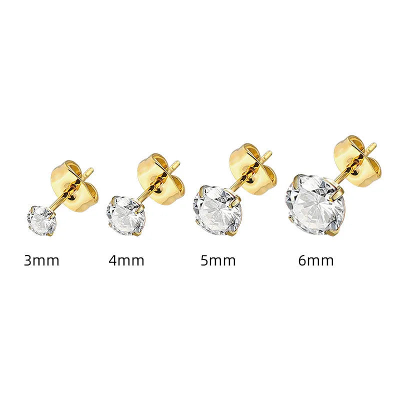 Titanium steel geometric zircon stud earrings in stainless steel with hypoallergenic properties and 2-8mm size options.
