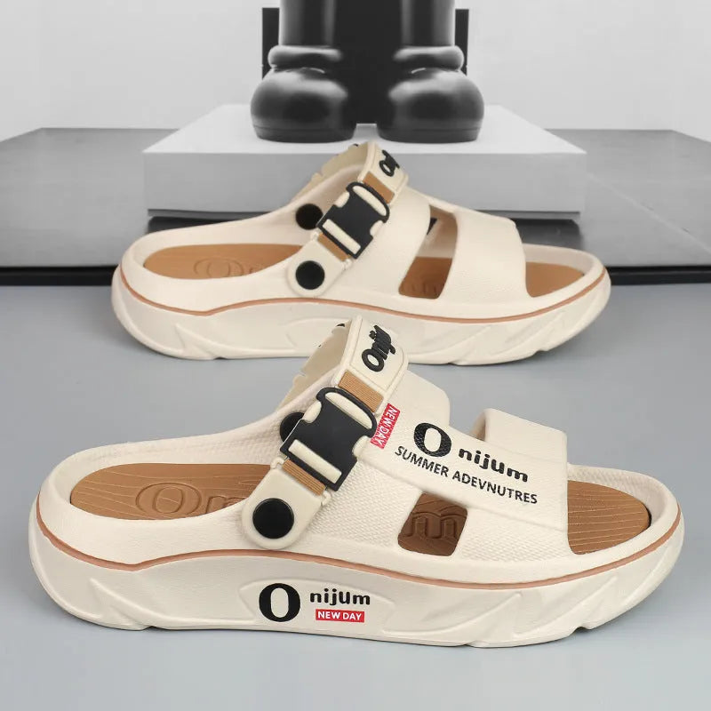 Men's open-toe platform sandals in black orange with EVA upper and raised sole