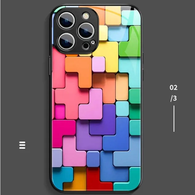 Colourful geometric cartoon design on a soft silicone case for iPhone, showing precise cutouts for camera and ports.