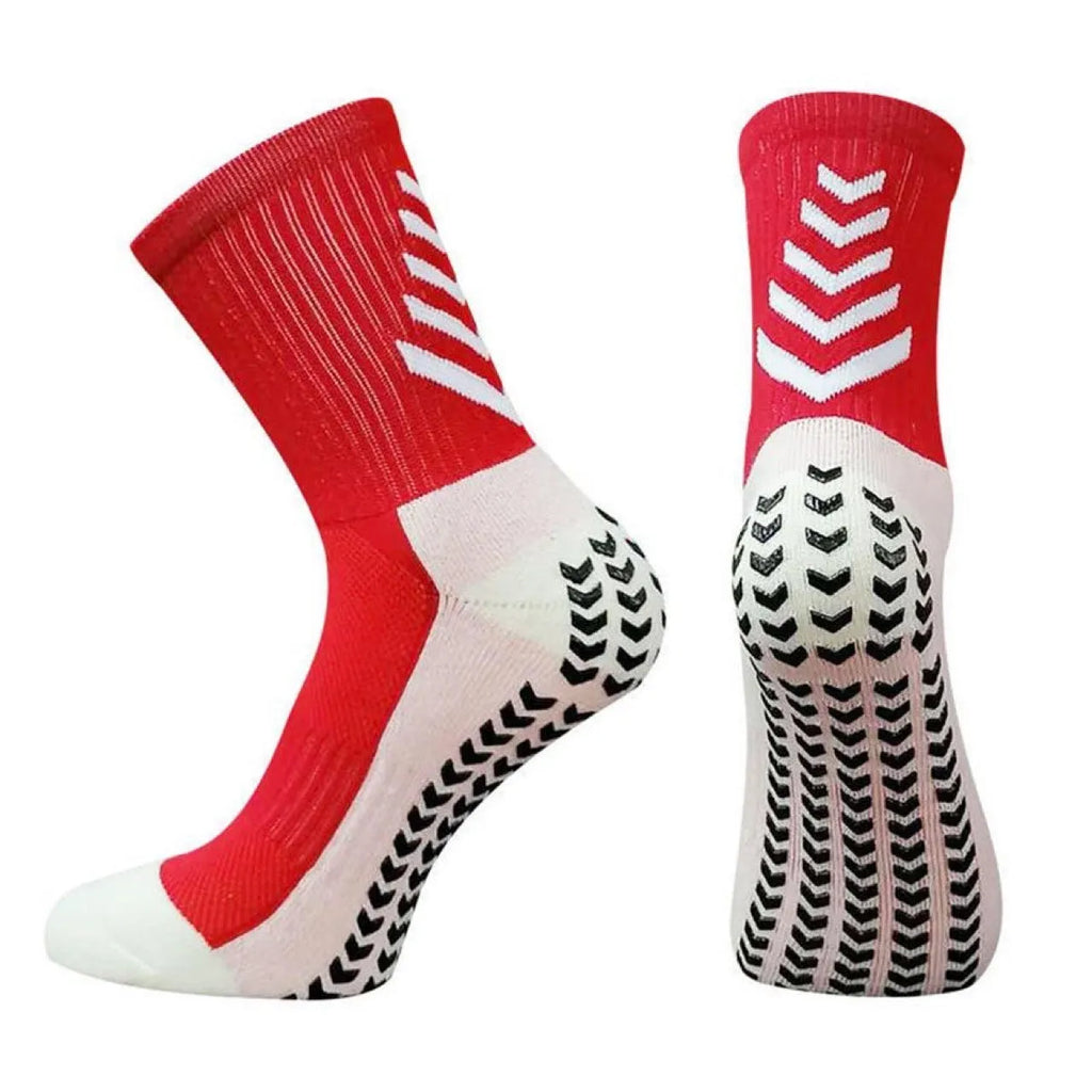 Men's mid-calf athletic socks with geometric patterns and silicone grips for football and running