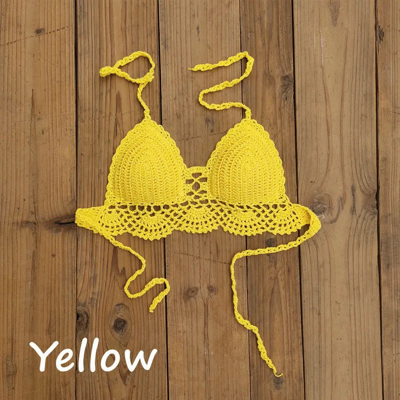 Boho crochet bra in beige with backless design, polka dot pattern, chest pad, no steel support, sizes S to L.