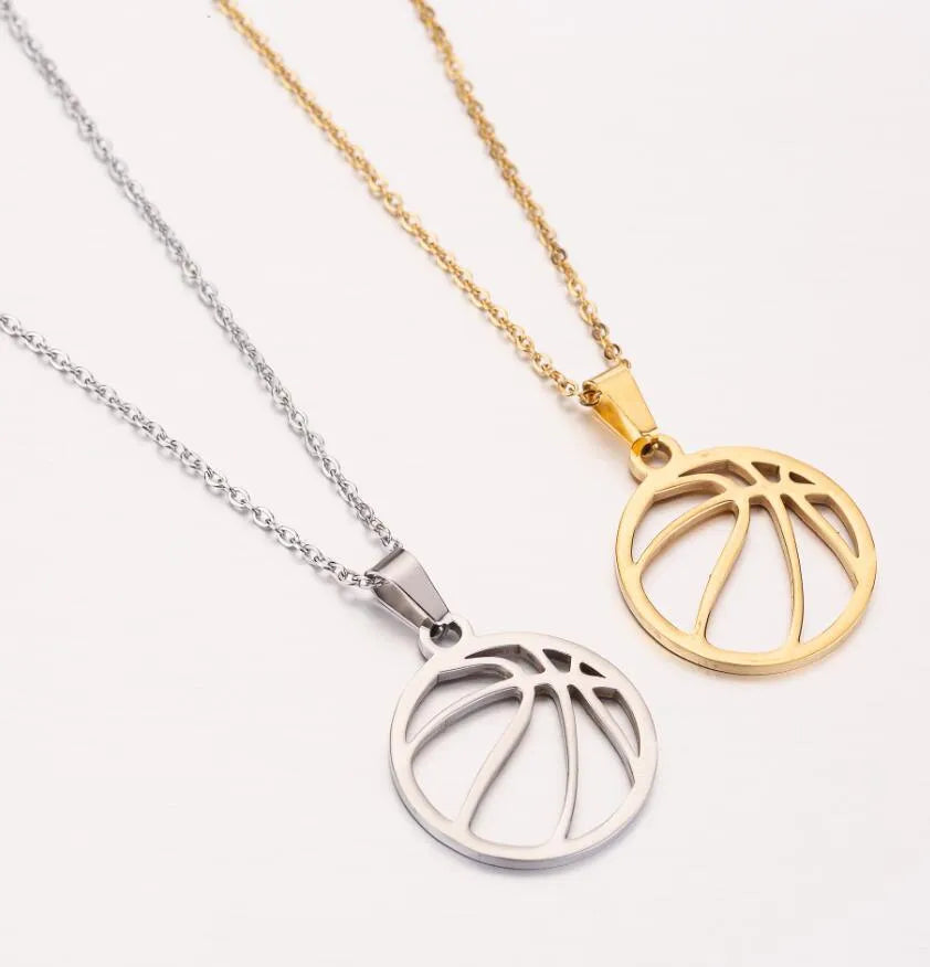 Stainless steel volleyball necklace with volleyball-shaped pendant, available in Gold or Silver colour options.