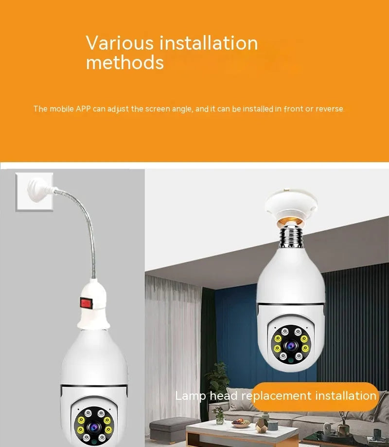 Compact bulb security camera with 5cm x 12cm dimensions showing lens and wifi connectivity for 1080p monitoring