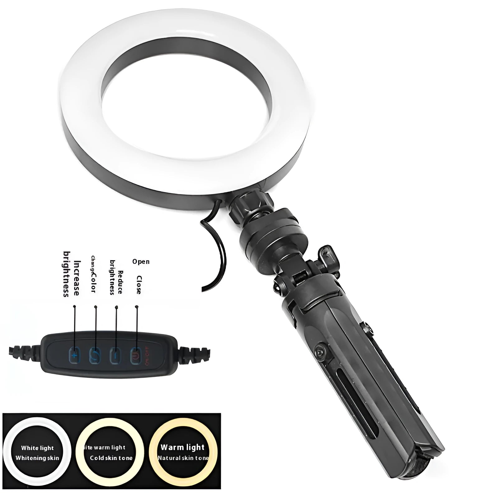 Black universal desktop tripod and bracket kit with adjustable fill light for mobile phones.