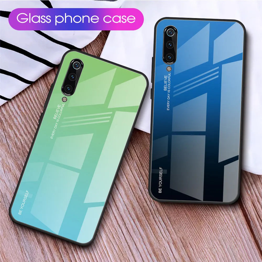 Gradient colour shifting phone case with tempered glass back and TPU frame for Redmi smartphones