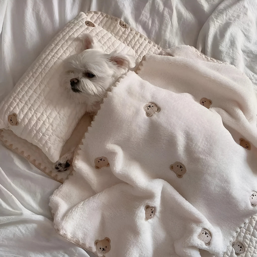 Simple bear pattern dog bed set with square mattress, pillow, and matching comforter