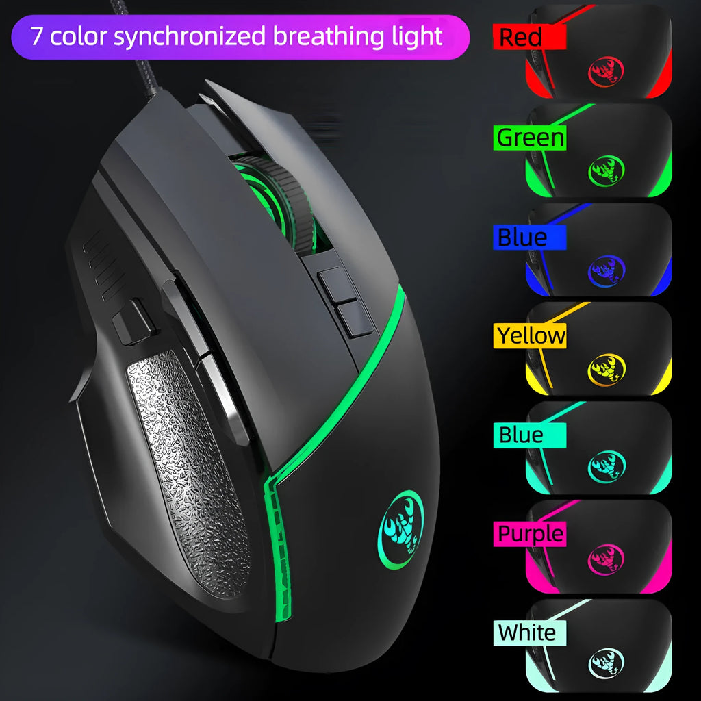 Black wired gaming mouse with 8 buttons, 6400 DPI adjustable sensor, 7-colour breathing light, and 150cm USB cable