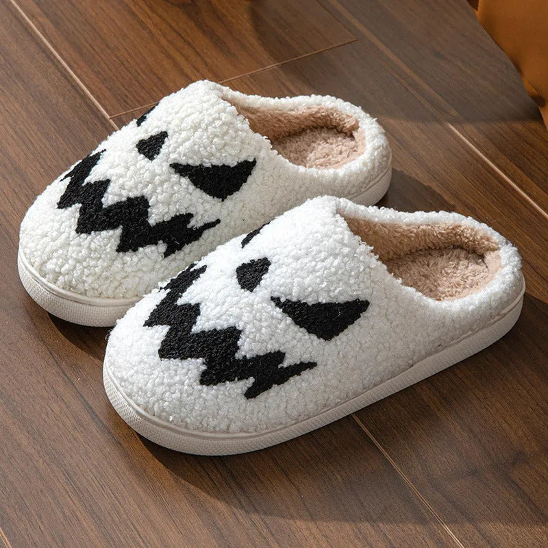 Halloween couple indoor slippers with ghost face embroidery in suede and PVC sole