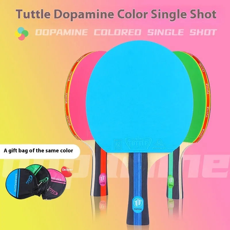 Single table tennis racket with high-elasticity rubber and long shakehand grip next to its matching protective carry bag.