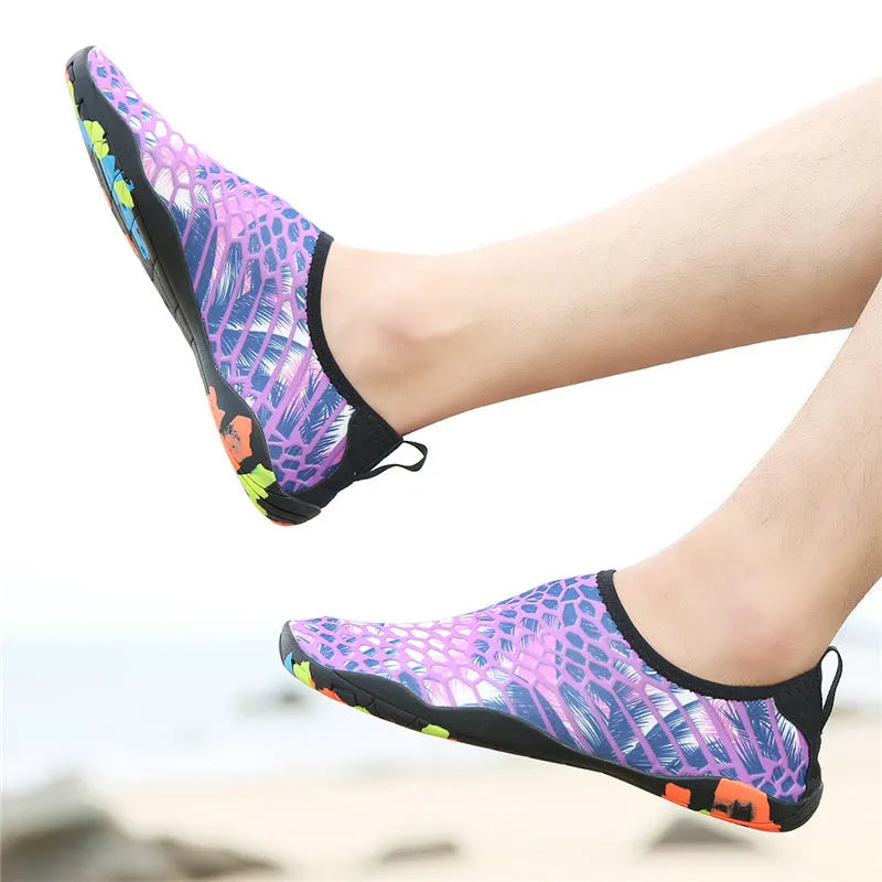 Beach wading shoes showing Lycra elastic fabric upper and EVA midsole in camouflage colour option
