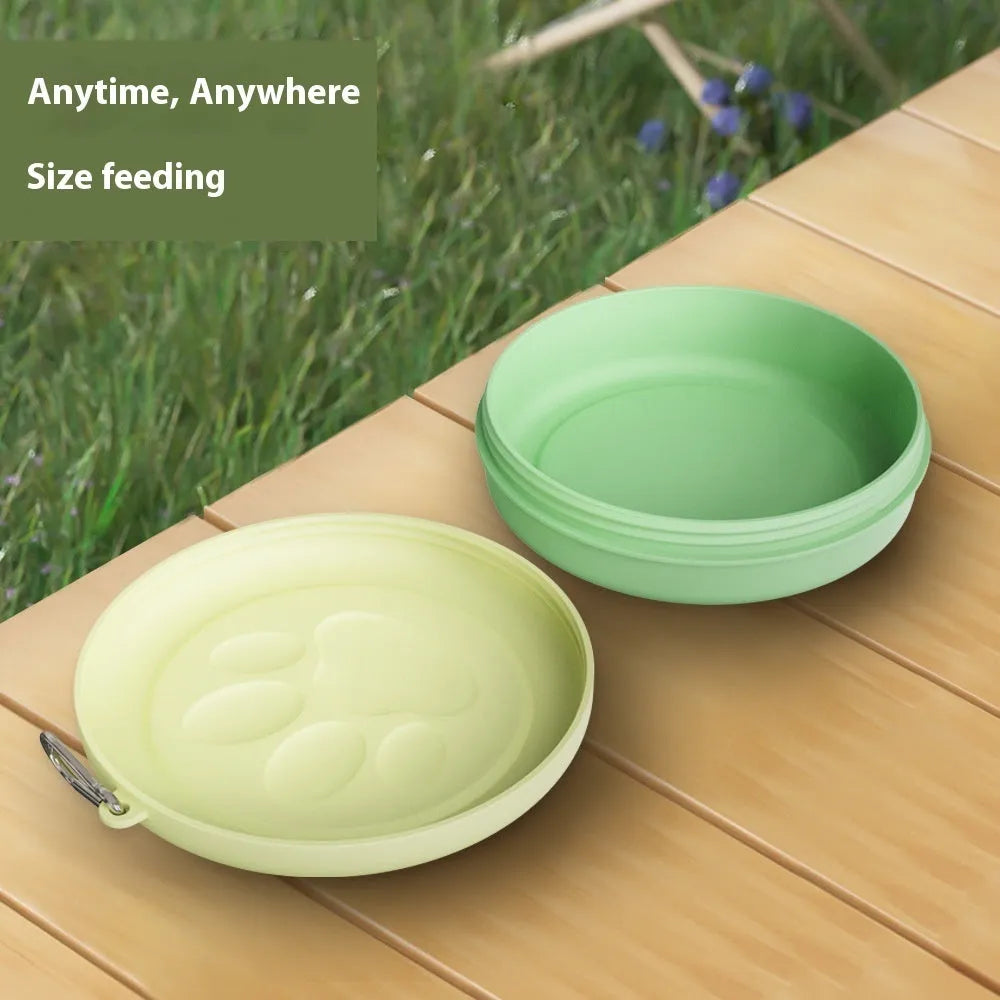 Collapsible silicone dog bowl showing expanded and collapsed states with separate snack compartment and carabiner clip