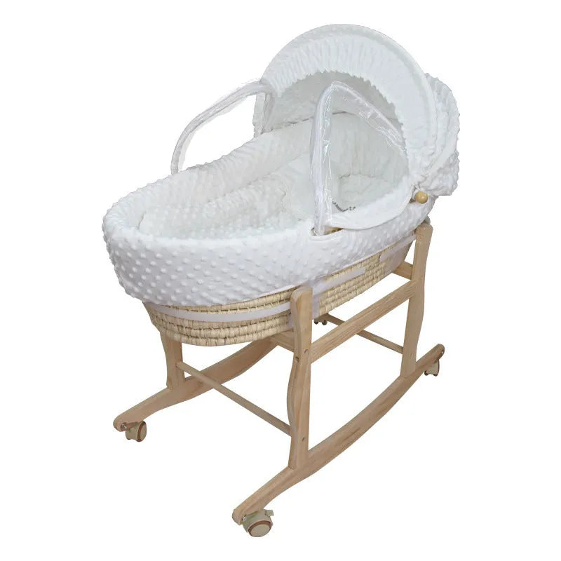 Portable multifunctional cradle bed with mosquito net and mat, in silver or white, with optional pine frame.