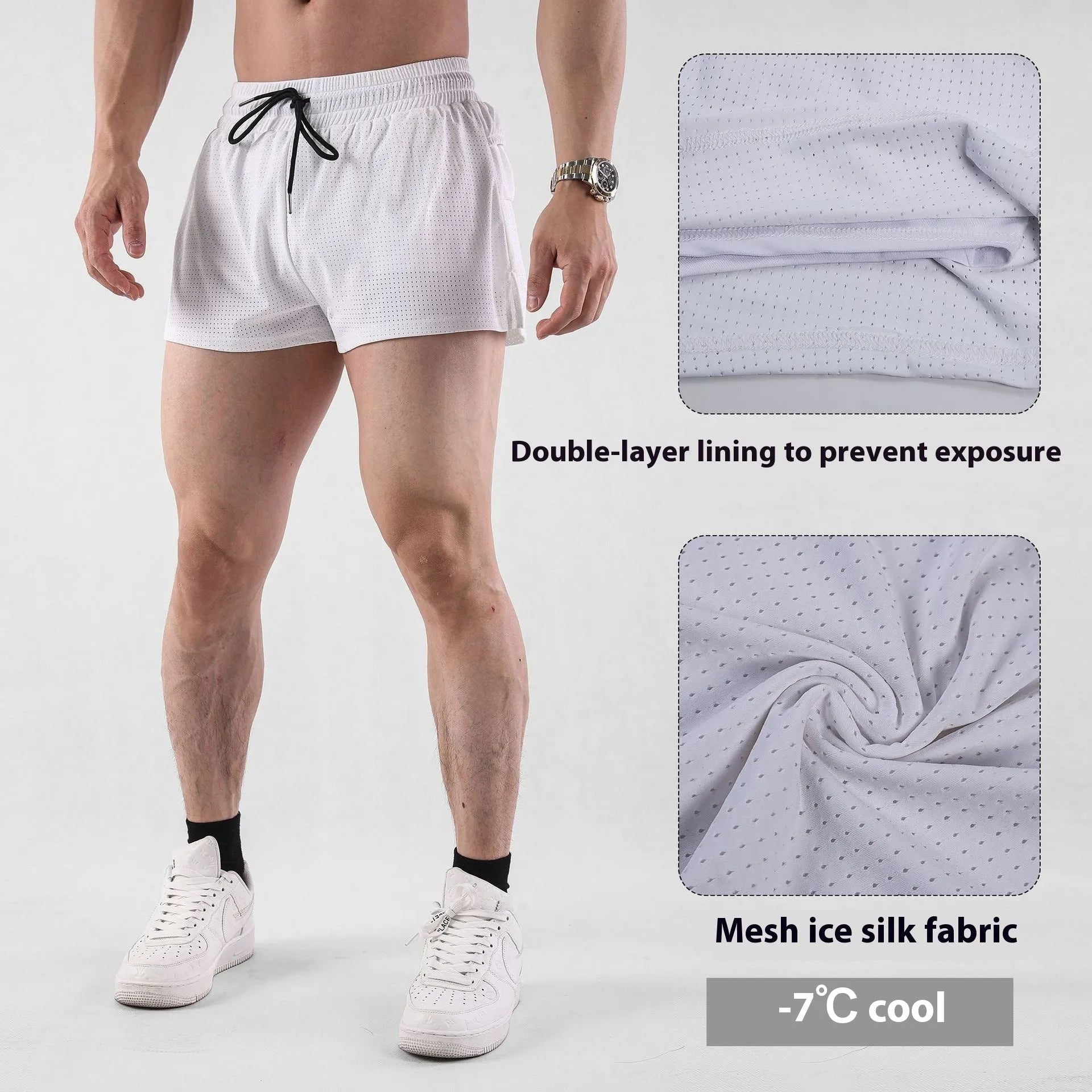 Men's black and white quick-drying nylon shorts with mid waist design for summer sports and leisure