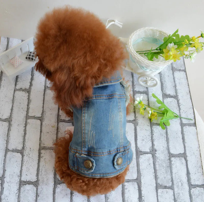 Retro scratch pattern denim dog vest for smaller breeds in dark and light colour options