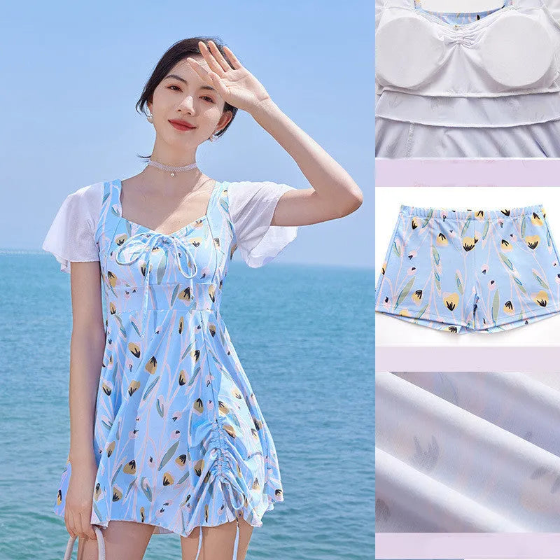 Women's one-piece swimsuit with floral pattern in sea salt blue colour for swimming