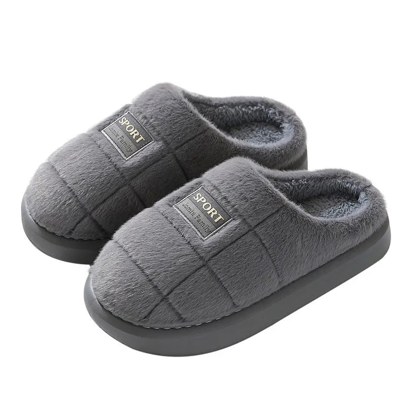 Men's plaid winter slippers with rabbit hair upper, EVA sole, and artificial wool lining in grey colour