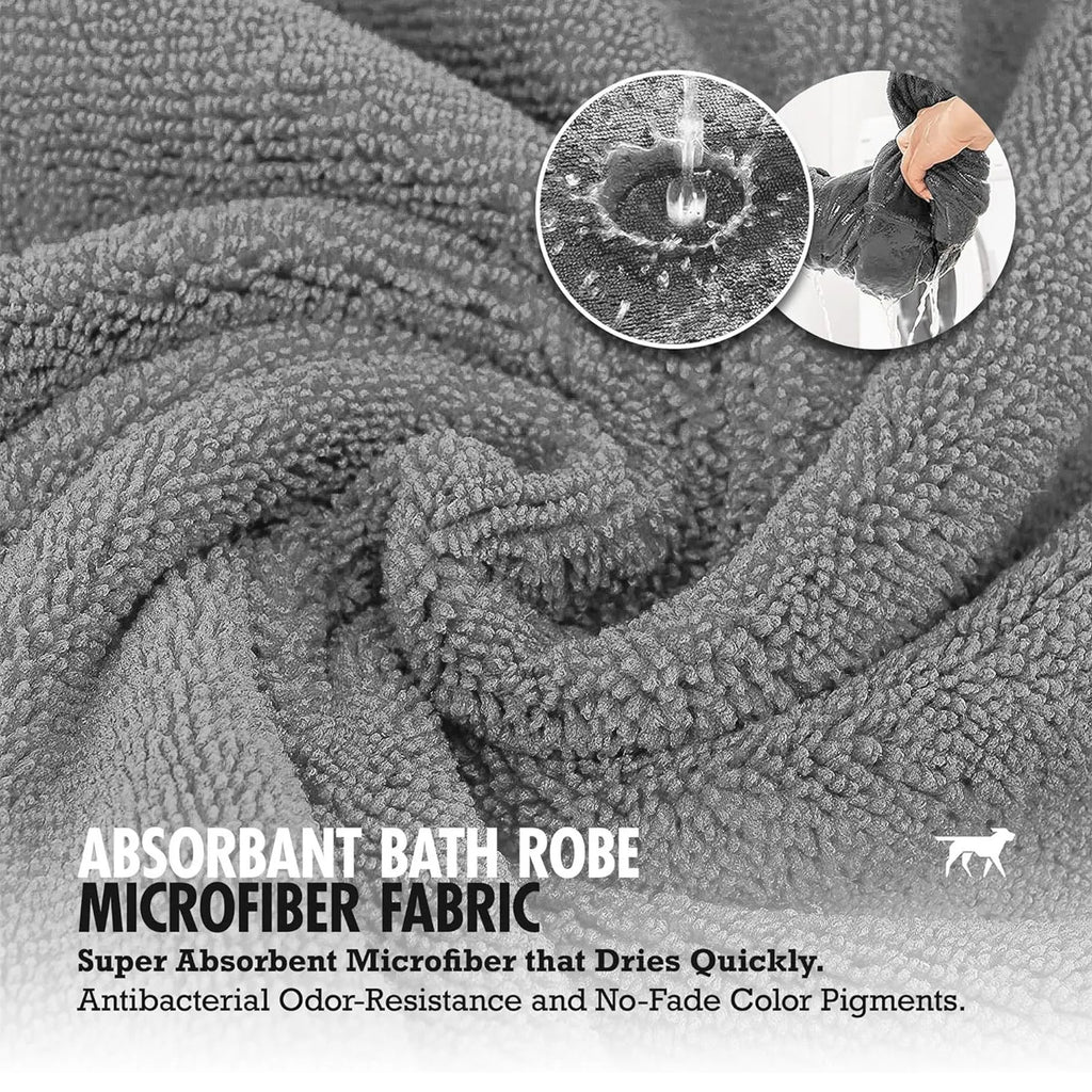 Super absorbent dog bathrobe and towel in seven sizes for small to large breed dogs.