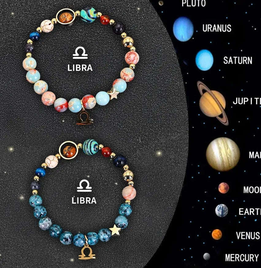 Two natural stone beaded bracelets with zodiac sign charms on a wooden surface.