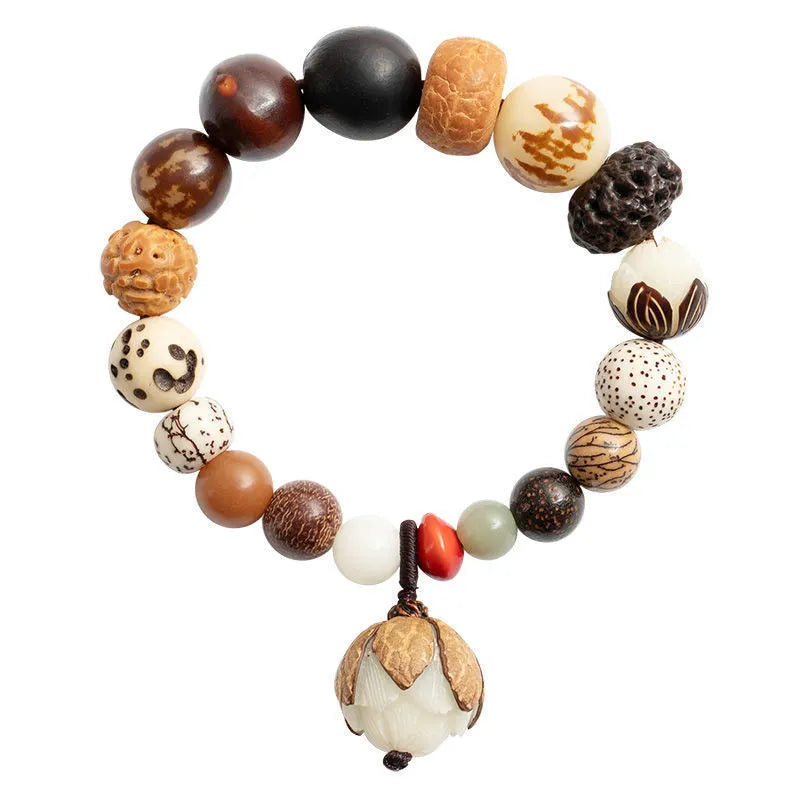 Geometric Bodhi seed bead bracelet with 18 beads on a wrist, showing a 16cm unisex fit.