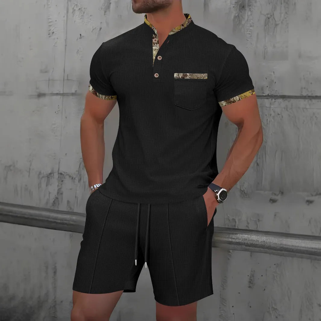 Men's grey waffle texture short sleeve suit with polo collar and matching shorts on hanger