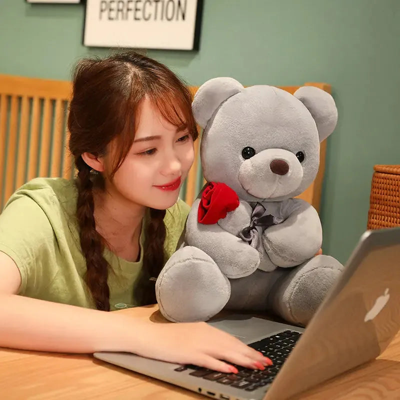 Rose bear plush pillow toy in beige, brown or grey with 23cm to 45cm height options