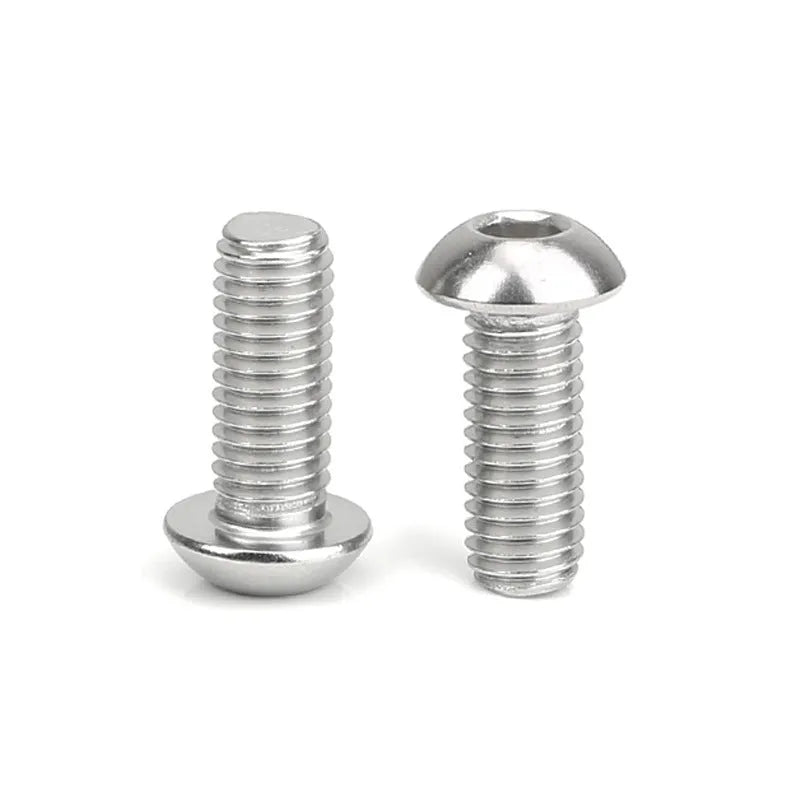 Stainless steel semicircular head hex socket screw with A2-70 grade, shown alongside a hex key.
