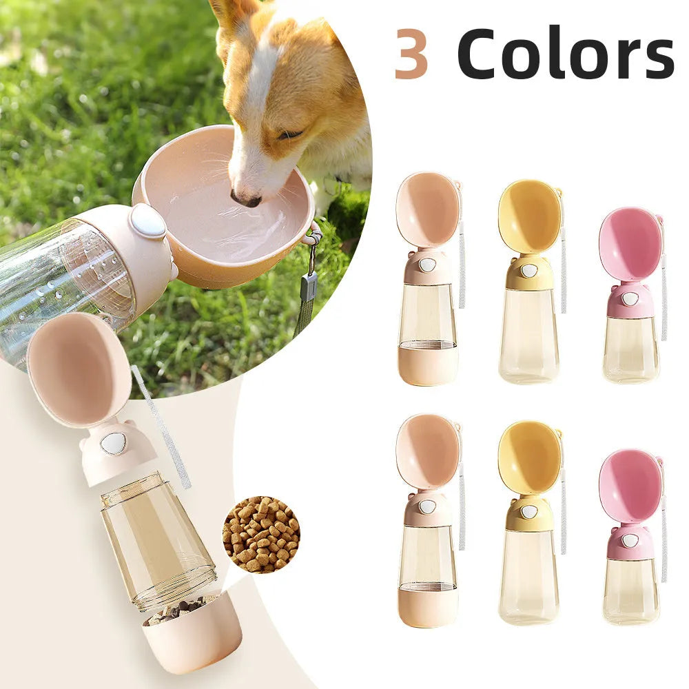 Portable dog water bottle with integrated bowl in brown, pink, and yellow colour options