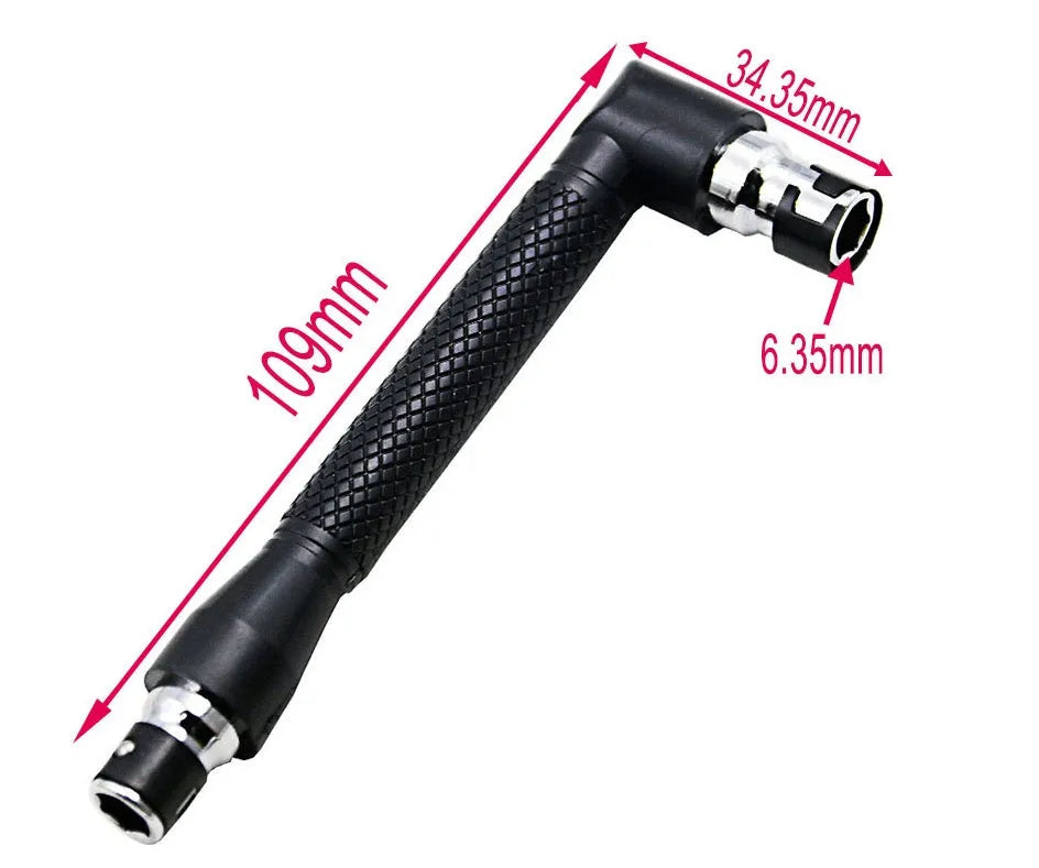 L-shaped double-headed steel socket wrench with ten hex screwdriver bits laid out.