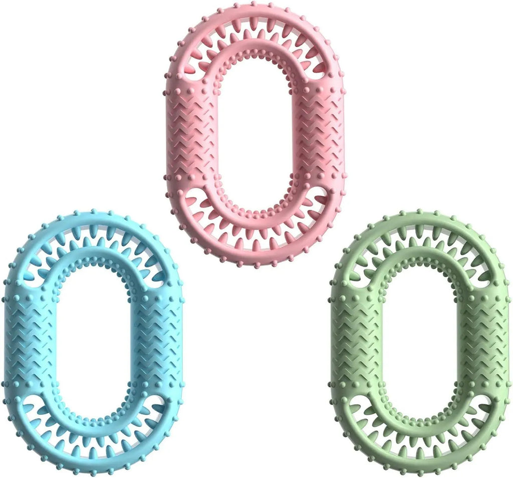 Blue O-ring shape pet toy for dog chewing teeth, measuring 12.5cm by 8.6cm, on a white background