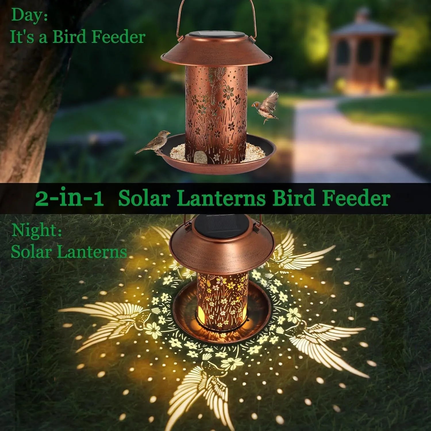 Iron art solar lamp feeder with hummingbird pattern design for garden lighting