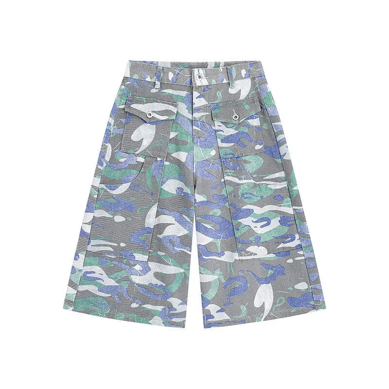 Camouflage colour denim cropped trousers with straight-leg cut and zipper fly, shown in size L for summer workwear.