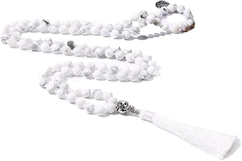 Handmade knotted beaded necklace with 108 stone pendants showing colour variations