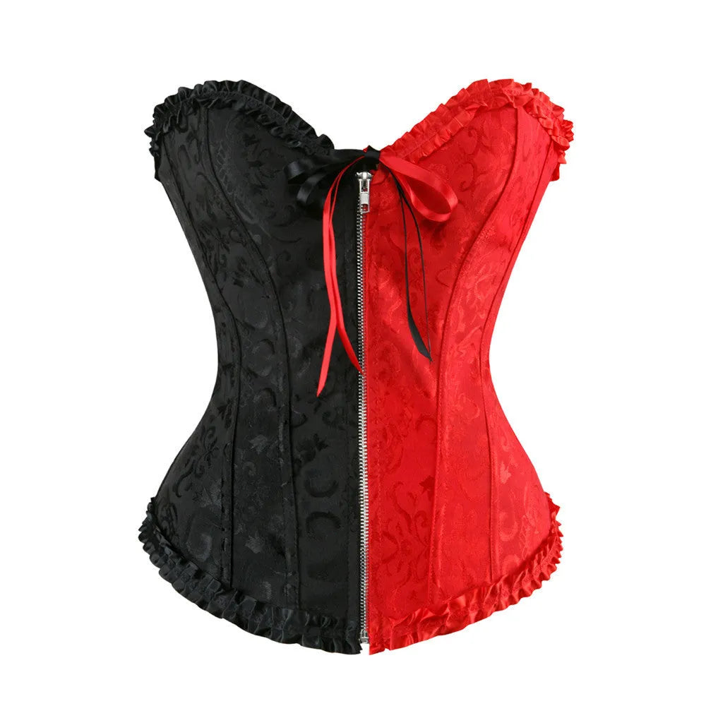 Women's black spandex zipper corset with jacquard texture on a mannequin, showing front closure.