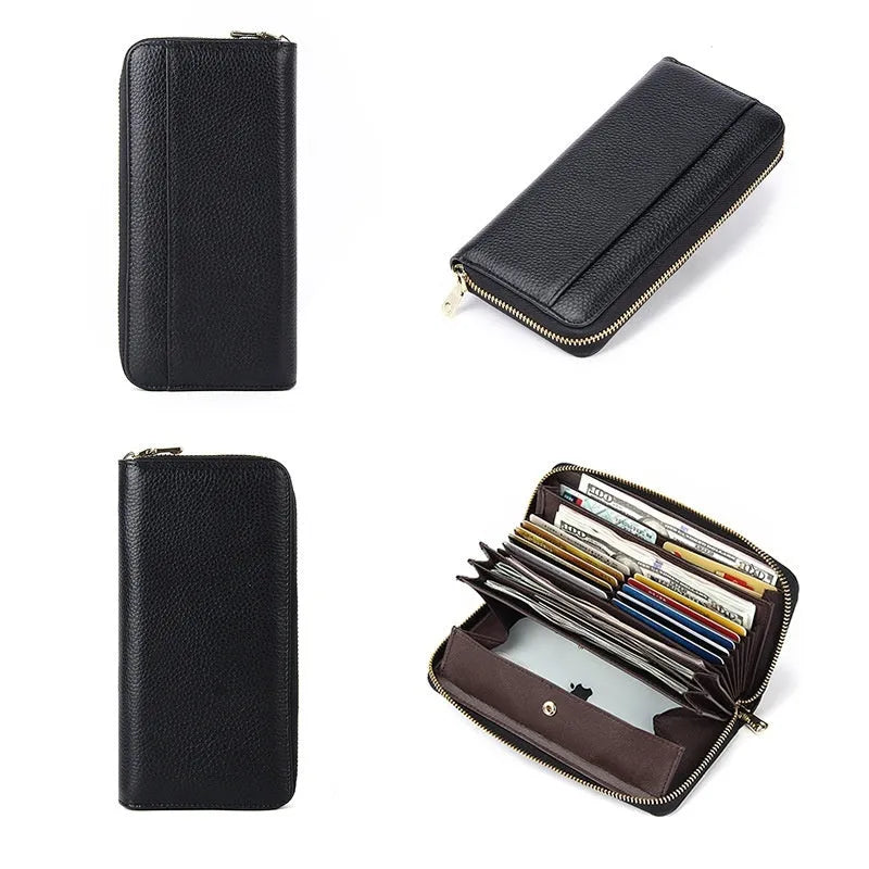 Long genuine leather women's wallet with 12 card slots, RFID blocking, in sapphire blue colour