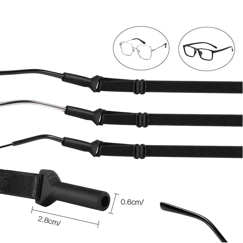 Black adjustable glasses cord with silicone earpiece tips on spectacles