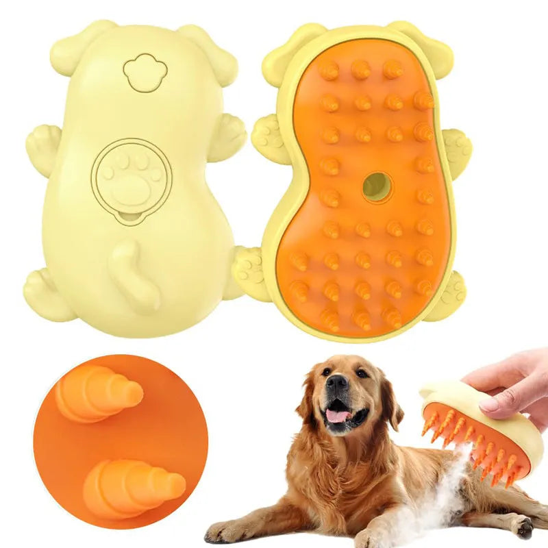 Cat Steamy Brush 3-in-1 Spray Comb showing steam function, pet-shaped design, and grooming application on animal coat