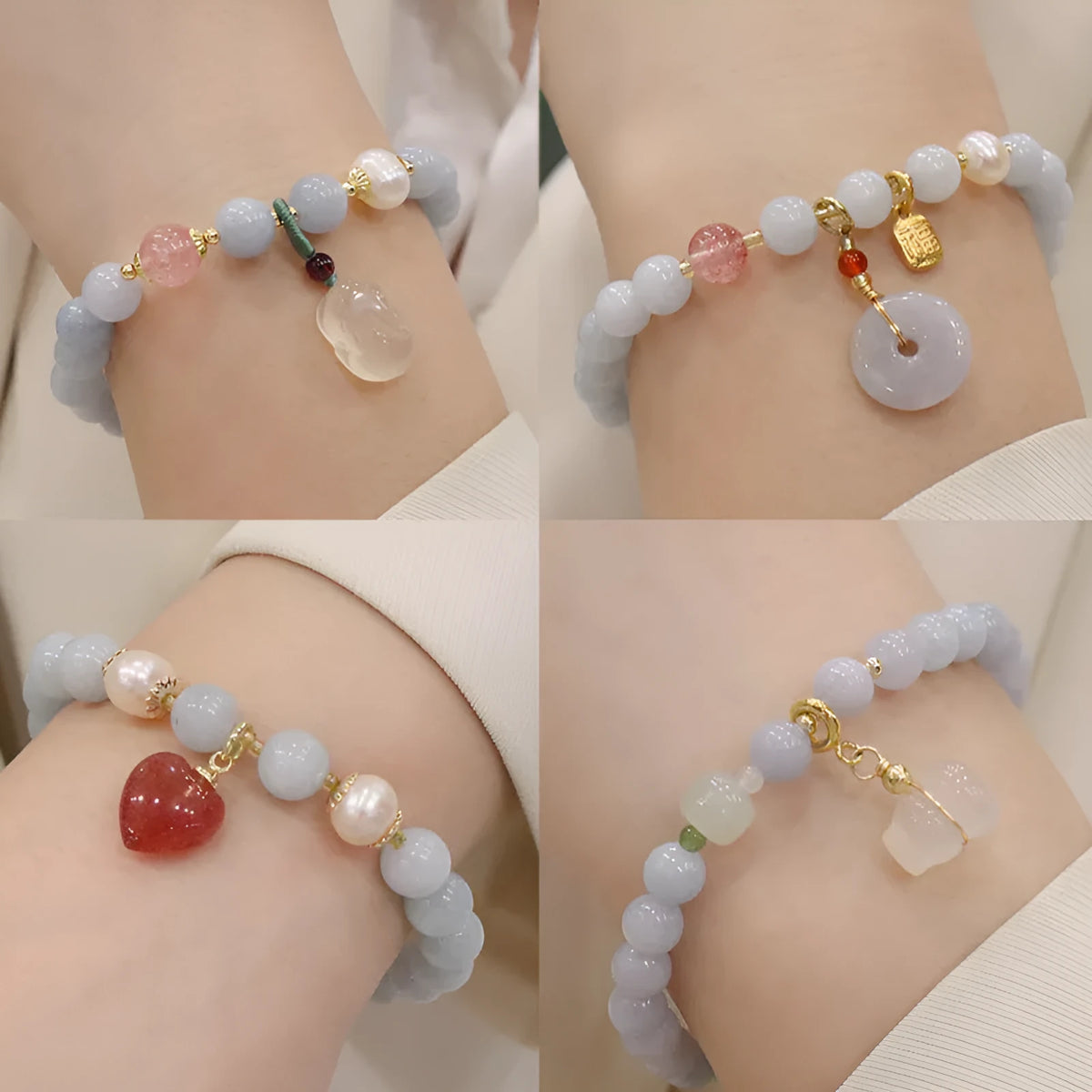 Women's gold plated crystal bracelet with aquamarine chalcedony charm on wrist