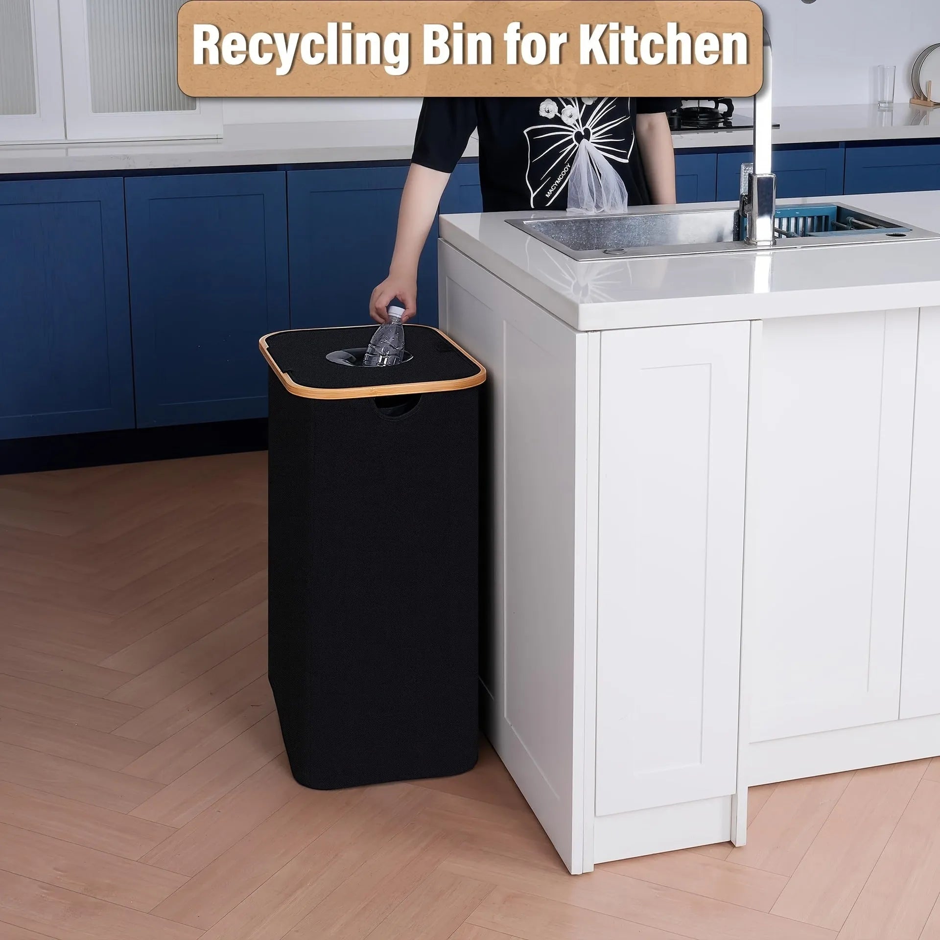 Black bamboo storage basket with removable lid showing double inner pockets and air holes in frame