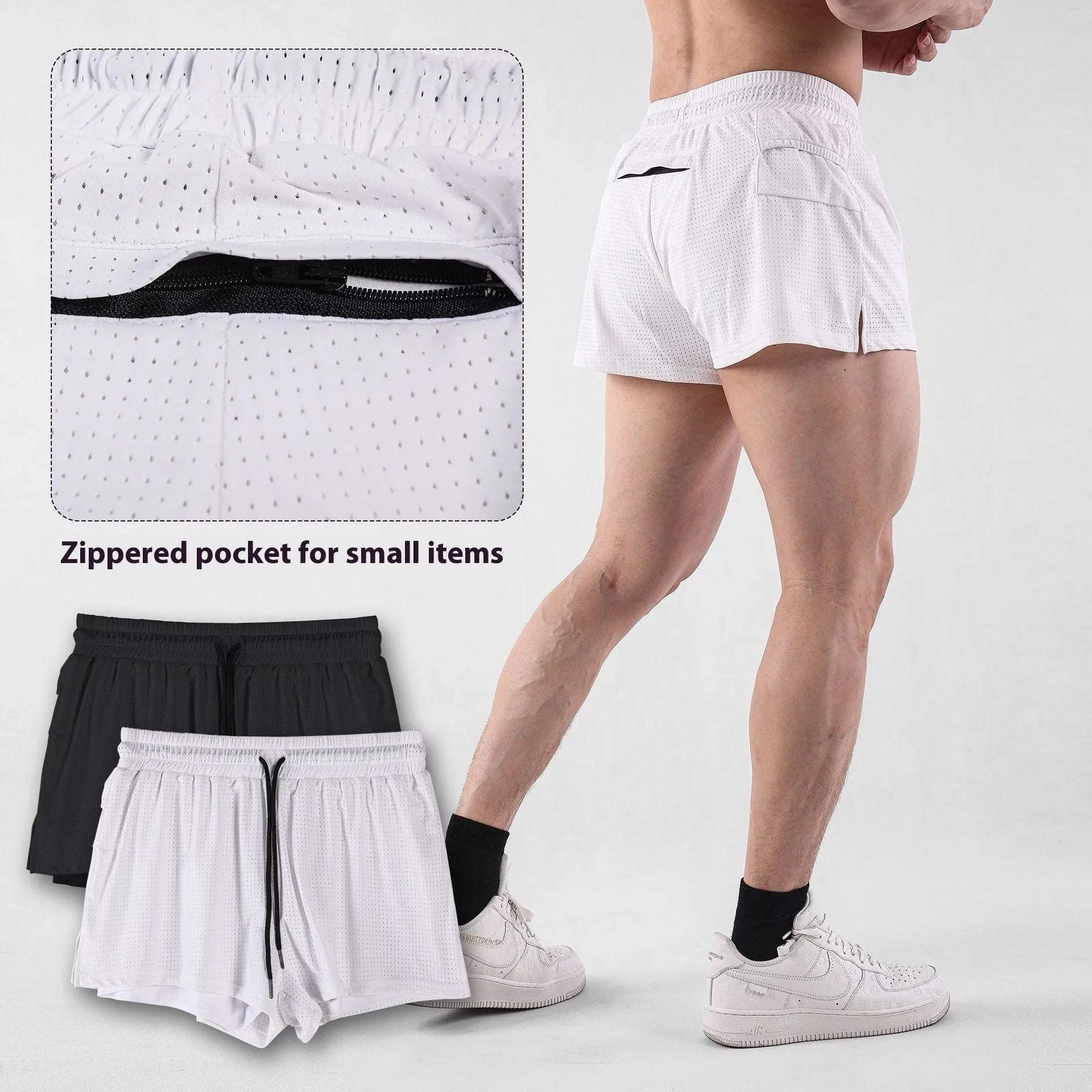 Men's black and white quick-drying nylon shorts with mid waist design for summer sports and leisure