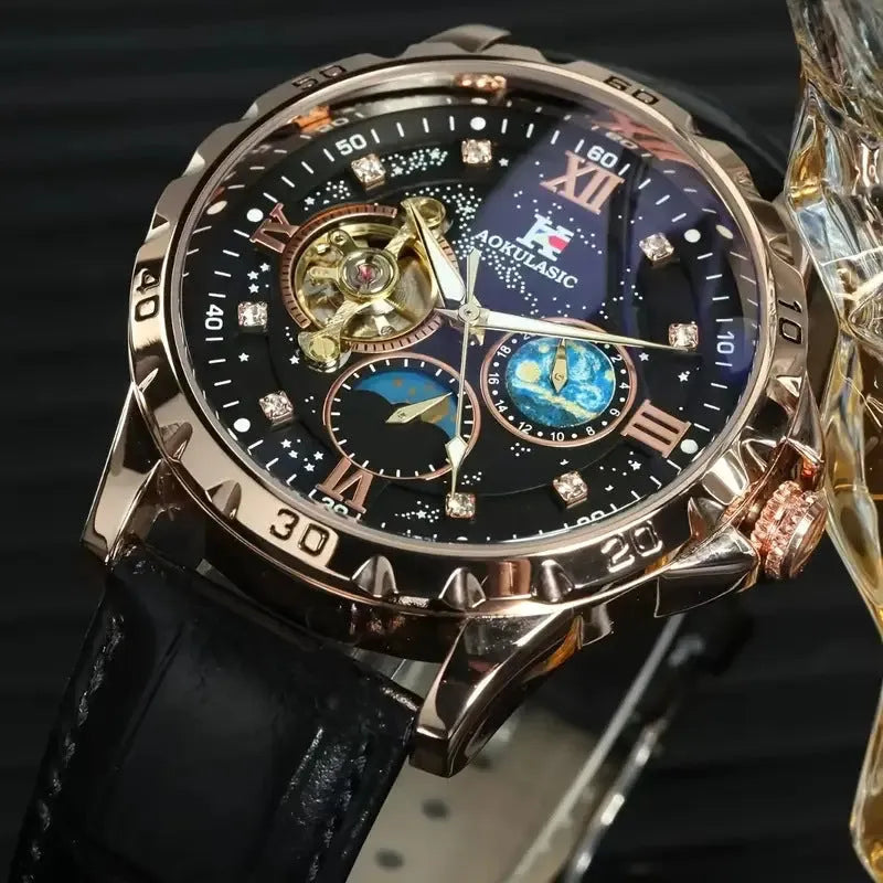 Men's automatic mechanical watch with black dial, rose gold case, and leather strap showing hollow design